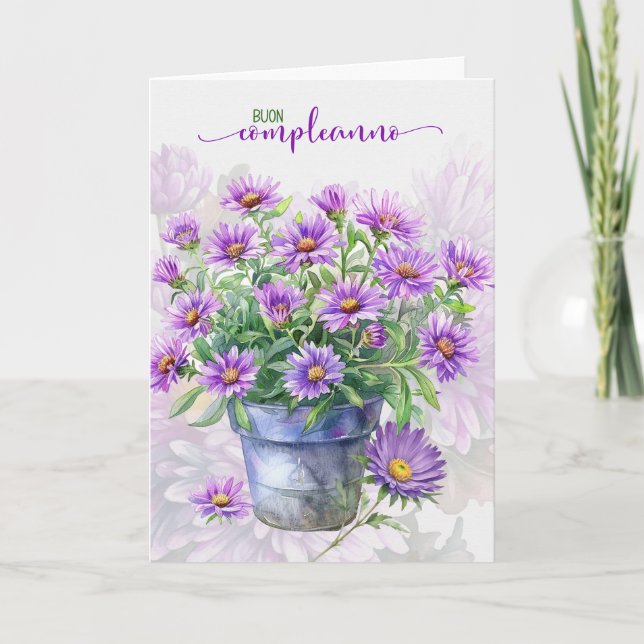 Cartão Italian Birthday Buon Compleanno Purple Asters (Frente)