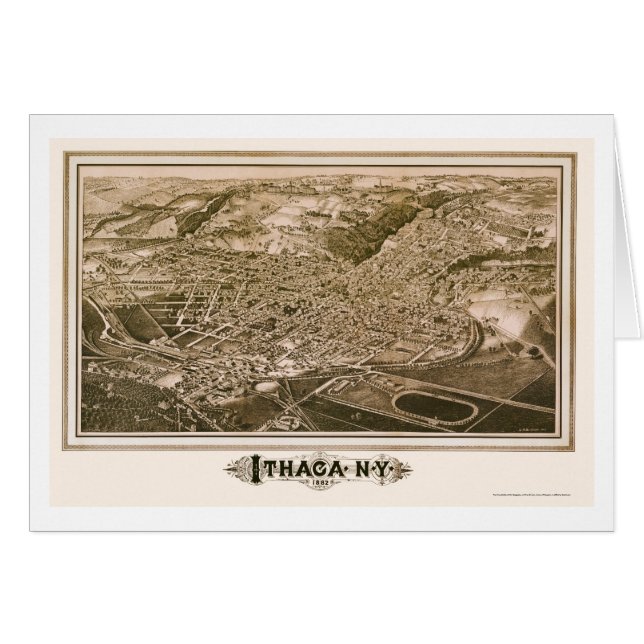 Cartão Ithaca, mapa panorâmico de NY - 1882 (Frente Horizontal)