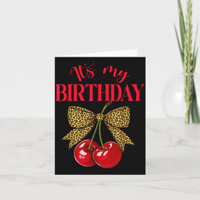 Cartão It's My Birthday Cute Cherry Leopard Coquette Bow  (Frente)