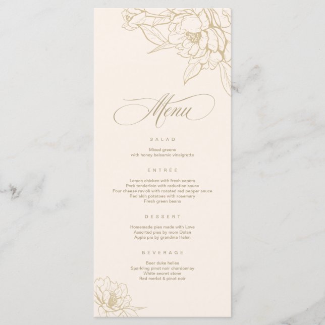 Cartão Ivory Wedding Menu, com Penônio floral de o (Frente)