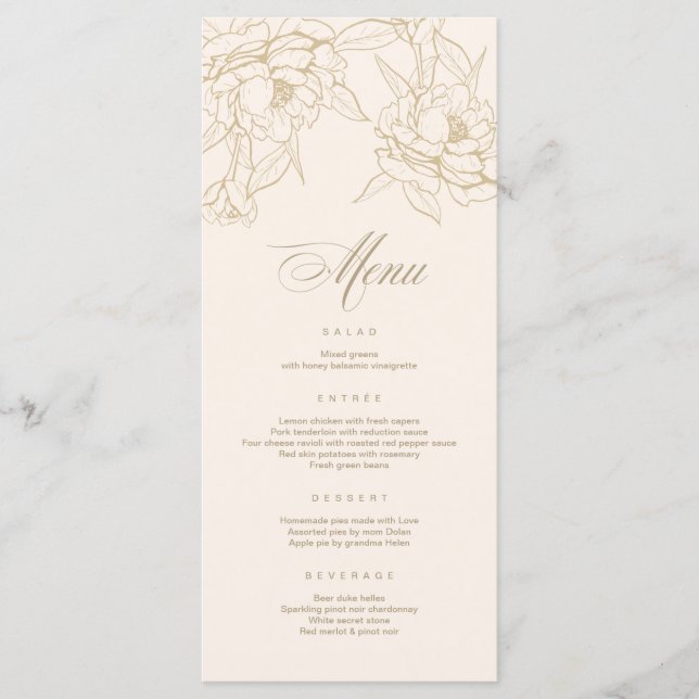 Cartão Ivory Wedding Menu, com Penônio floral de o (Frente)