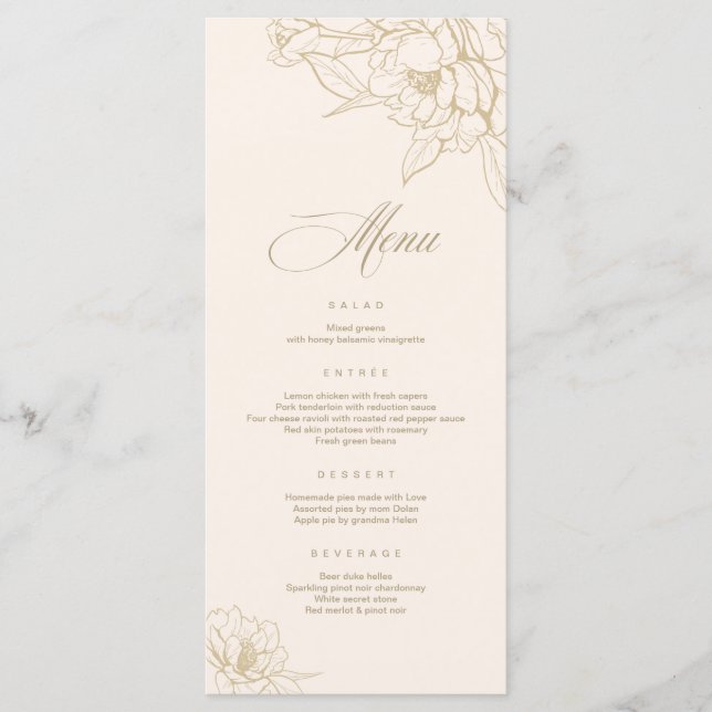 Cartão Ivory Wedding Menu, com Penônio floral de o (Frente)