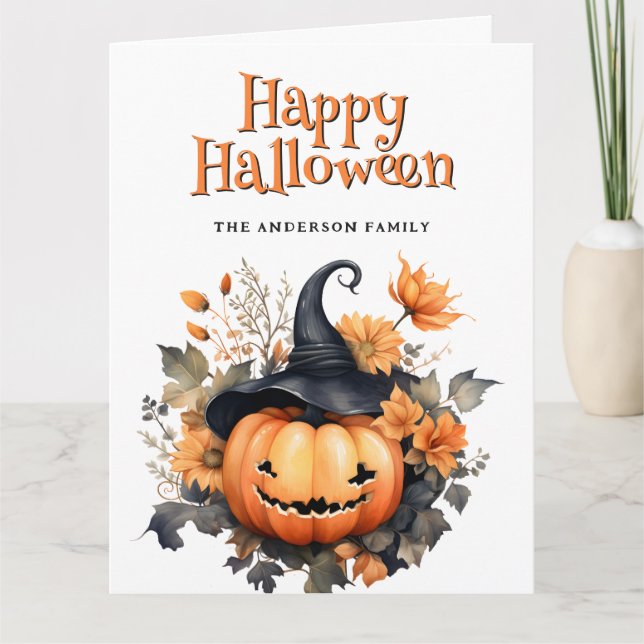 Cartão Jack O’Lantern Ghost Floral Happy Halloween Card (Frente)