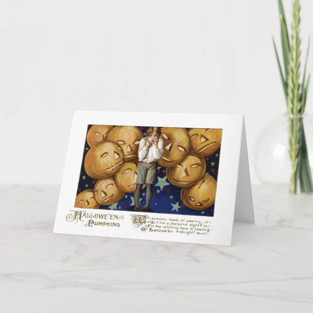 Cartão Jack O'Lanterns Peer at Boy Vintage Hallowe'en (Frente)