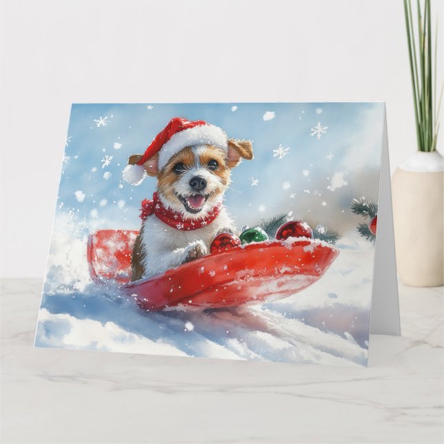 Cartão Jack Russell Dog em Sledge Deixe-o nevar no Natal (Frente)