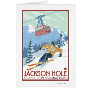Cartão Jackson Hole, esquiador de Wyoming e bonde