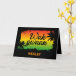 Cartão Jamaican Friends Wah Gwaan Rasta Flag Coloured<br><div class="desc">Cool greeting card printed with the Jamaican phrase Wah gwaan over tropical palm tree silhouettes on a rasta flag coloured fading sunset</div>