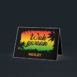 Cartão Jamaican Friends Wah Gwaan Rasta Flag Coloured<br><div class="desc">Cool greeting card printed with the Jamaican phrase Wah gwaan over tropical palm tree silhouettes on a rasta flag coloured fading sunset</div>