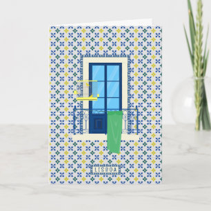 Cartão Janela da casa de Lisboa com azulejos e plantas