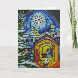 Cartão "Janela de Vitral de Natal em Aquarela