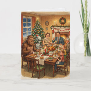 Cartão Jantar de Natal de Bigfoot Alien Vintage