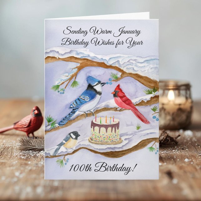 Cartão January 100th Birthday Backyard Birds Watercolor (Criador carregado)