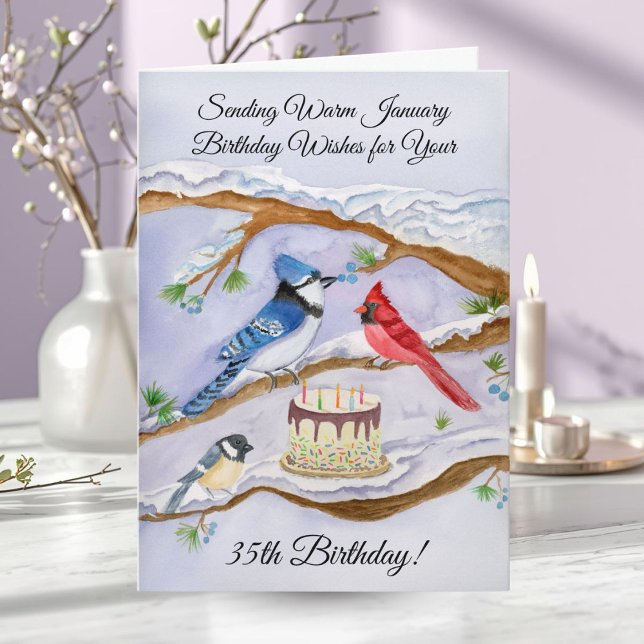 Cartão January 35th Birthday Backyard Birds Watercolor (Criador carregado)