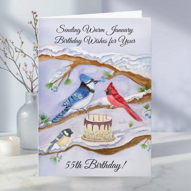 Cartão January 55th Birthday Backyard Birds Watercolor (Criador carregado)