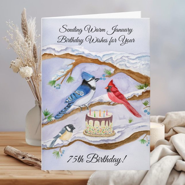 Cartão January 75th Birthday Backyard Birds Watercolor (Criador carregado)