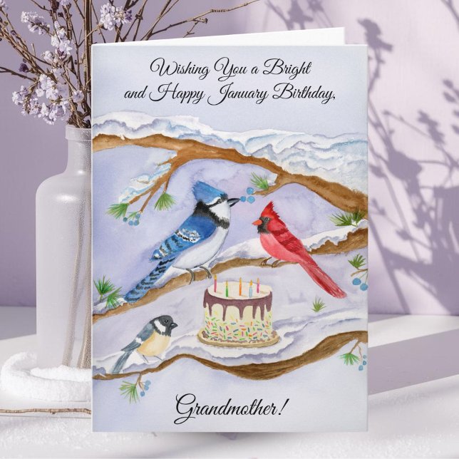Cartão January Birthday Backyard Birds Grandmother (Criador carregado)