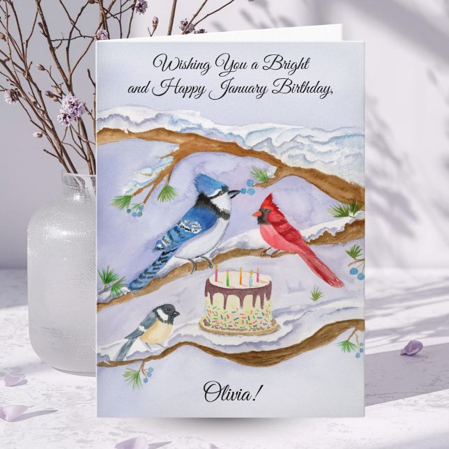 Cartão January Birthday Backyard Birds Personalize  (Criador carregado)