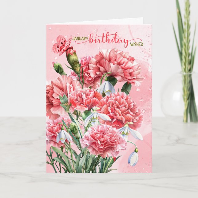 Cartão January Birthday Pink Carnations with Snowdrops (Frente)