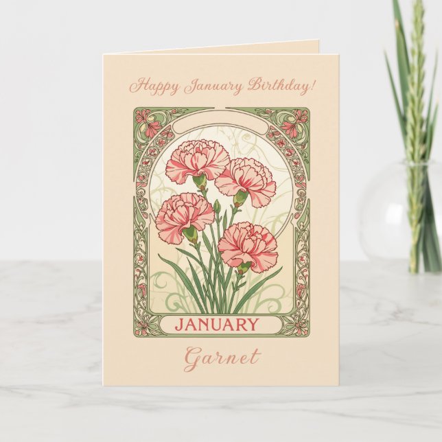Cartão January Birthday Pink Dianthus Art Nouveau Style (Frente)