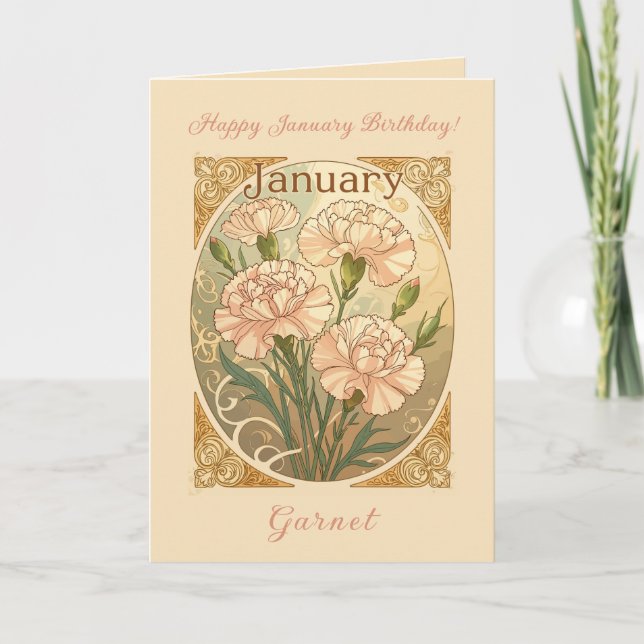 Cartão January Birthday Pink Dianthus Flowers Art Nouveau (Frente)