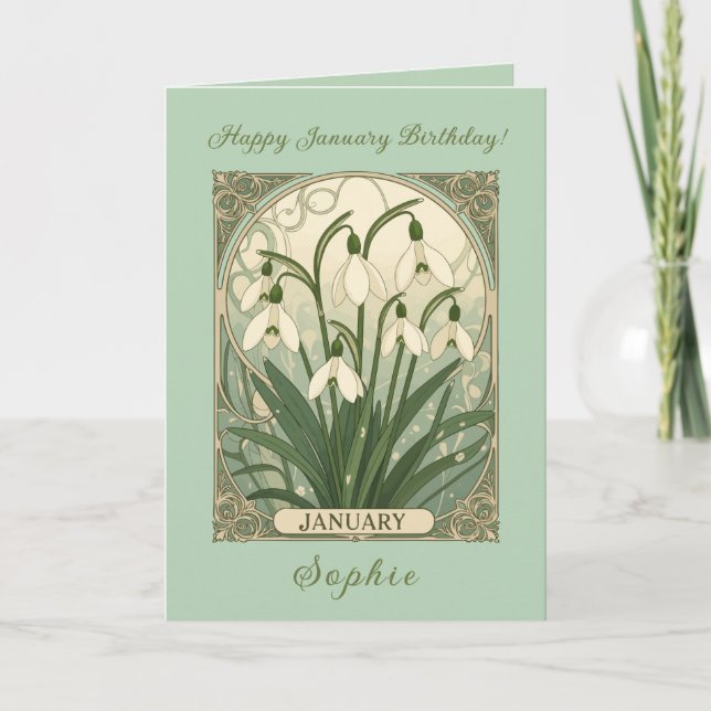 Cartão January Birthday Snowdrop Flowers Art Nouveau Styl (Frente)