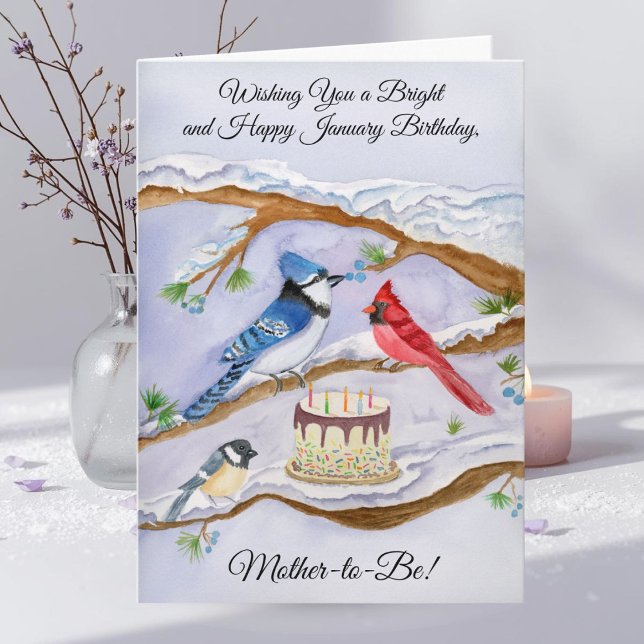 Cartão January Birthday with Backyard Birds Mother in Be (Criador carregado)