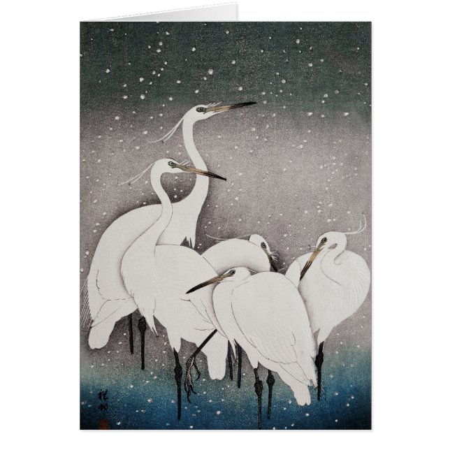 Cartão Japonês Egrets Koson Cranes Winter Snow (Frente)