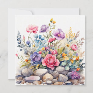 Cartão Jardim de Flores em Aquarela sobre as Rochas