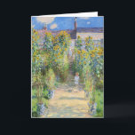 Cartão Jardim de Girassóis de Claude Monet em Vétheuil<br><div class="desc">"O Jardim do Artista em Vétheuil" (1881) é uma obra-prima luminosa do lendário impressionista francês Claude Monet. Esta pintura cativante captura o caminho ensolarado que leva à casa de Monet, ladeado por girassóis vibrantes e altos em plena floração. Dois grandes vasos de cerâmica com padrão azul e branco adicionam um...</div>