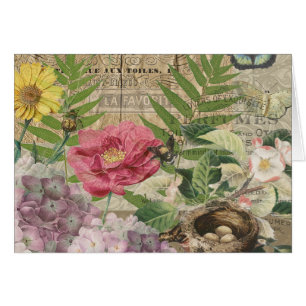 Cartão Jardim Floral Ninho de Pássaro Arte Flor Borboleta