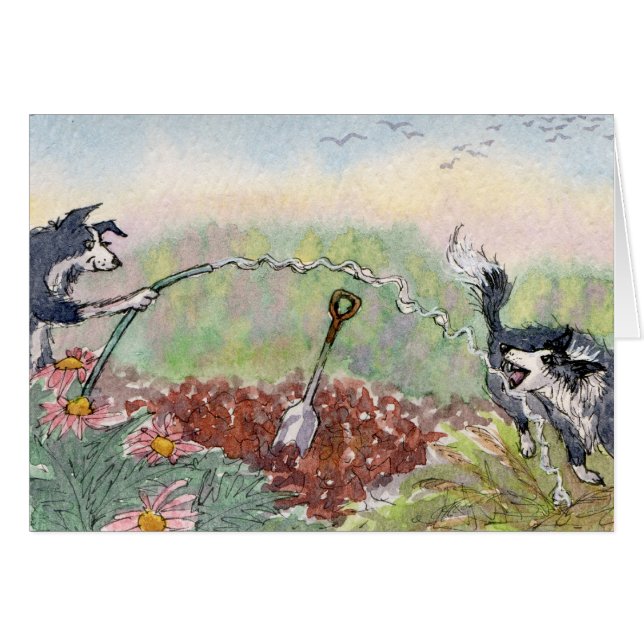 Cartão Jardinar é divertimento! Cães, mangueiras, (Frente Horizontal)