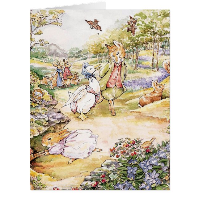 Cartão Jemima Puddle Duck caminhando com o Sr. Fox (Frente)