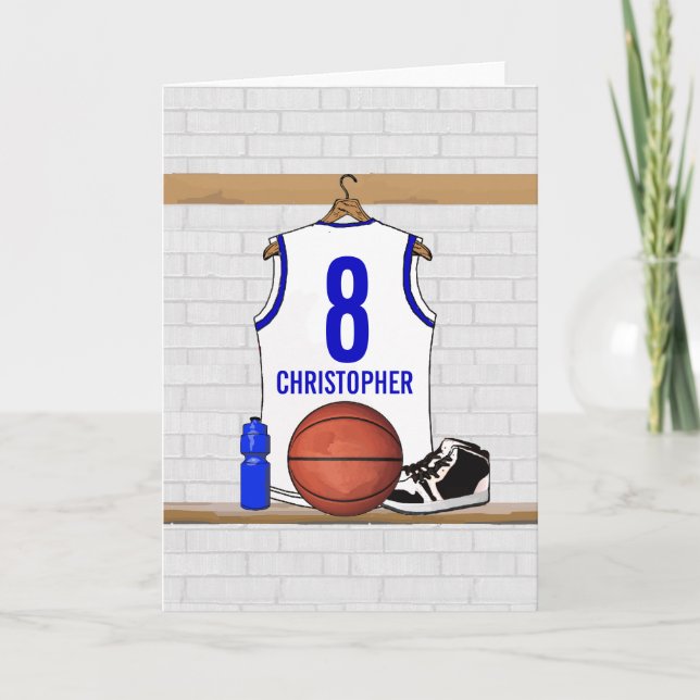 Cartão Jérsei de Basquete Branco e Azul Personalizado (Frente)
