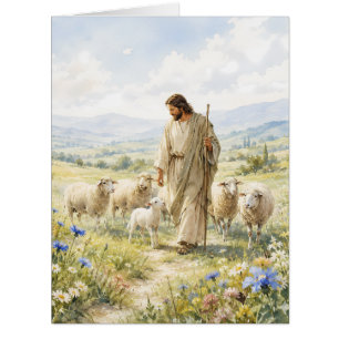 Cartão Jesus Bom Pastor Aquarela de Flores Silvestres