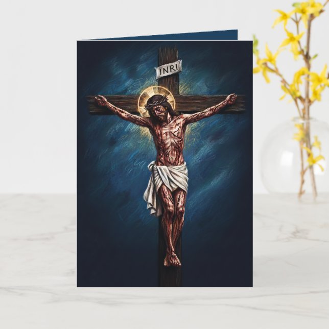 Cartão Jesus Crucified Blessed Easter Card Blue (Flor Amarela)