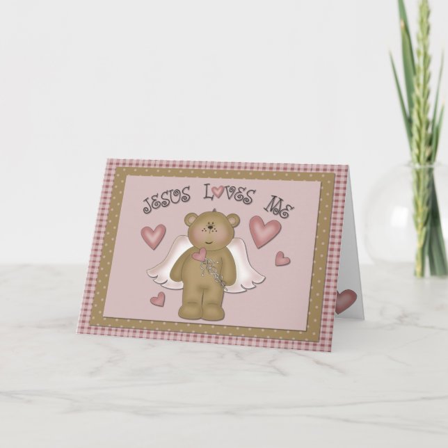 Cartão Jesus Loves Me Teddy Bear Angel Greeting Card (Frente)