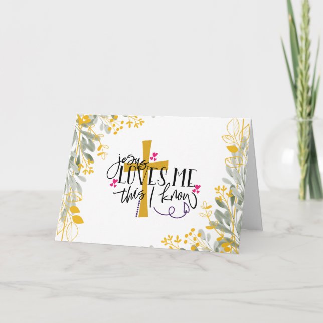 Cartão Jesus me ama isso eu sei, cruz e flores (Frente)