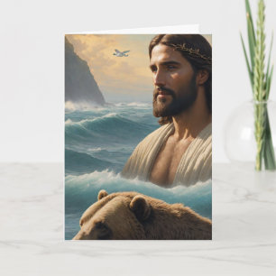 Cartão Jesus no oceano com um urso