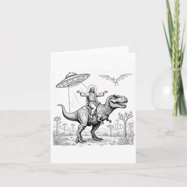 Cartão Jesus Riding Dinosaur T-rex Ufo Hunting Alien Sci- (Frente)