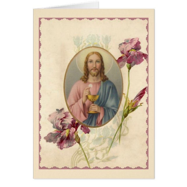 Cartão Jesus segurando o Eucarista e o Chalice (Frente)