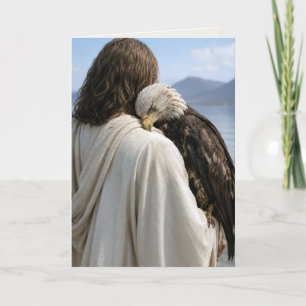 Cartão Jesus segurando uma águia-careca cansada