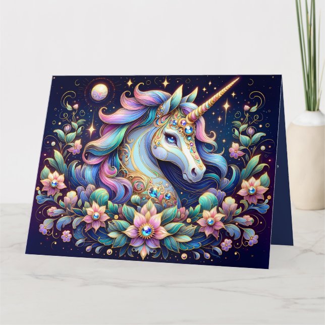 Cartão Jewel Toned Unicorn Floral Fantasy (Frente)