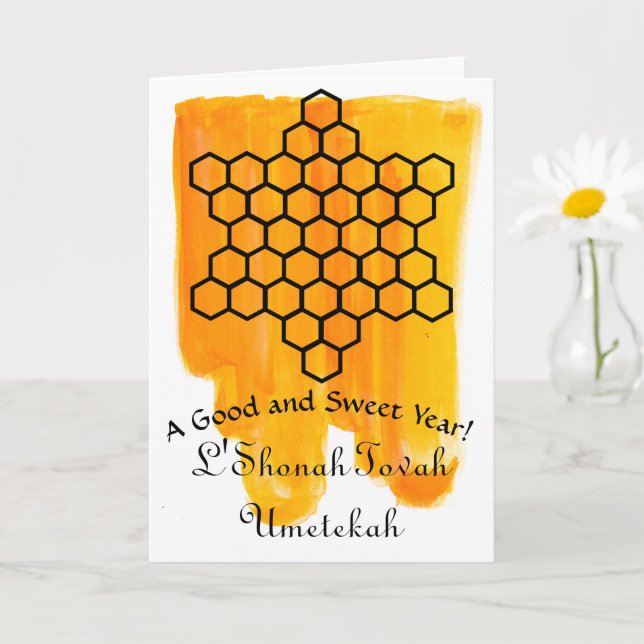 Cartão Jewish Star Honeycomb Rosh Hshanah Greeting Card (Planta pequena)
