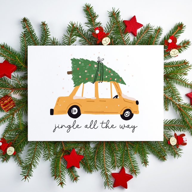 Cartão Jingle All Way Bonito Vazio Dobrado Natal (Jingle all the Way Car and Christmas Tree Holiday Card Blank Illustrated Non Photo Card for Work)