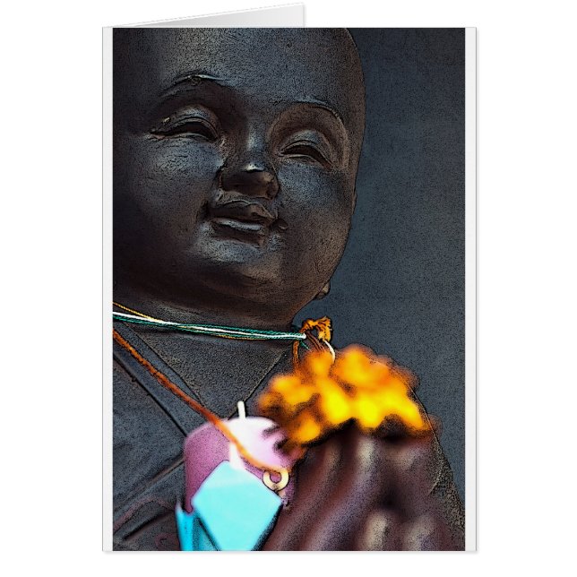 Cartão Jizo Buddha com a oferta Marigold (Frente)