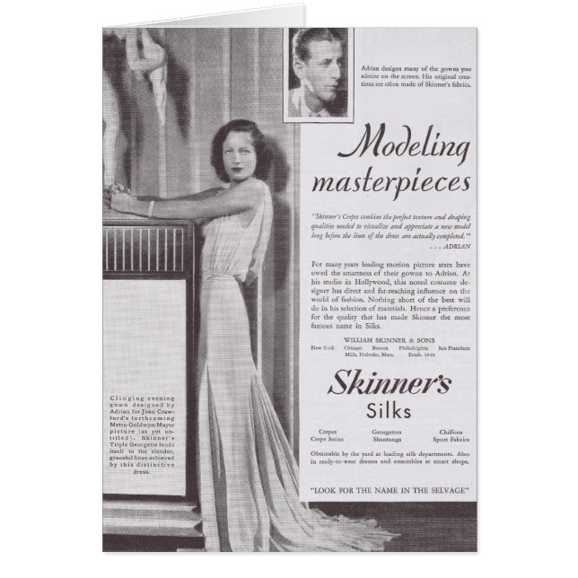 Cartão JOAN CRAWFORD vestindo o vestido de seda ADRIEN (Frente)