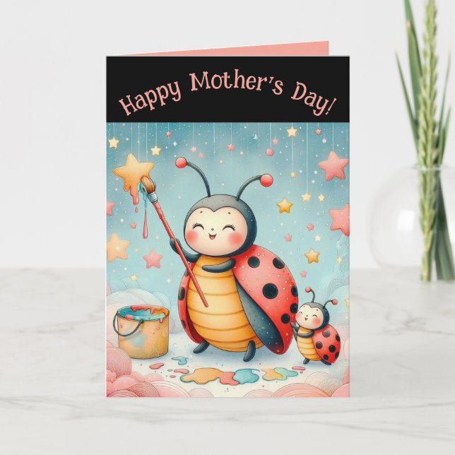 Cartão Joaninhas Mãe e Bebê Editáveis Dia das Mães (Frente)