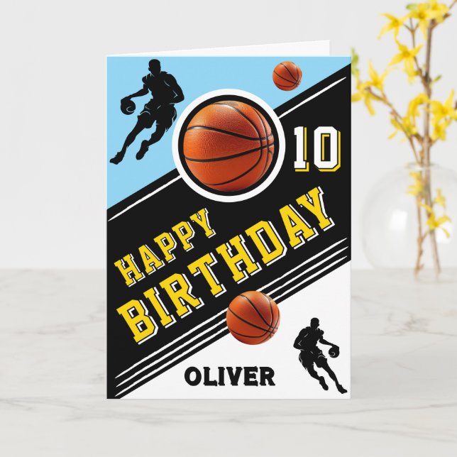 Cartão Jogador de Bola Moderno de Basquete Themed Birday (Flor Amarela)