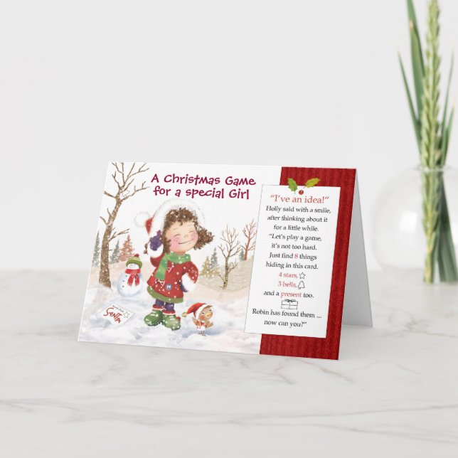 Cartão Jogo de Natal para Menina. Localizar 8 itens ocult (Frente)