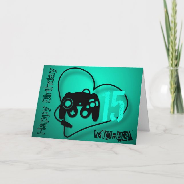 Cartão Jogos coração 15 Aniversário personalizado Saudaçã (Frente)